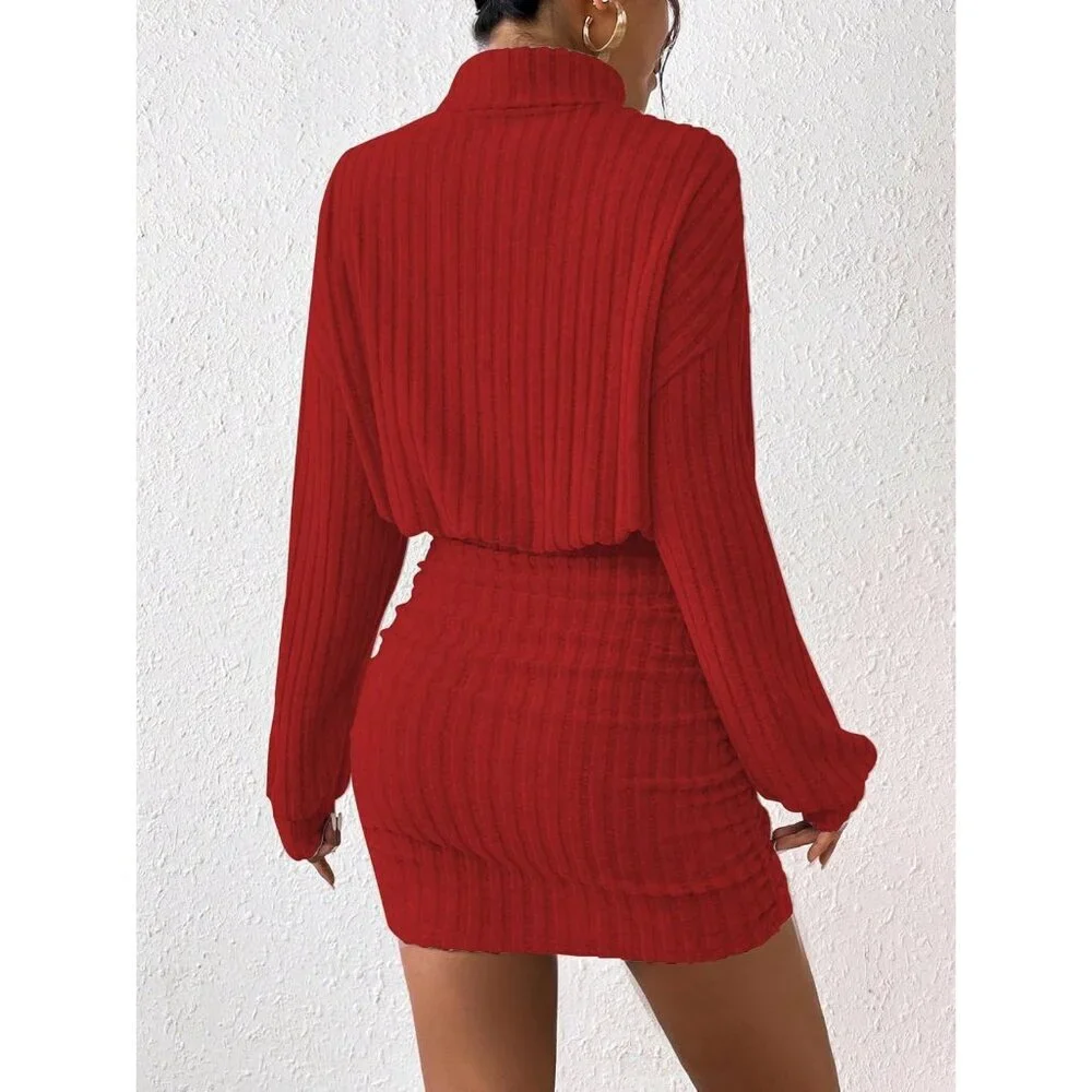 Women Rose Pink Long Sleeve Turtle Neck Cute Ribbed Knit Pullover Sweater Dress - Picture 3 of 5